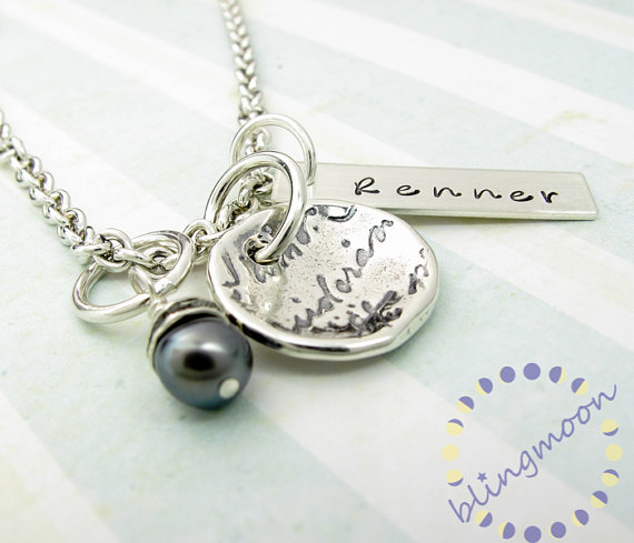 Personalized name necklace - silver link chain with charms - name pendant - black pearl