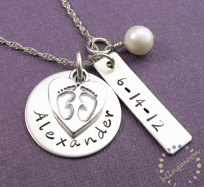 Mother Charm Necklace: Handstamped Mommy Baby Feet Charm Mom Baby