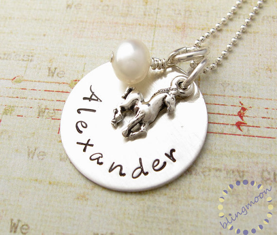 Horse Charm Personalized Necklace: Handstamped birthstone pony
