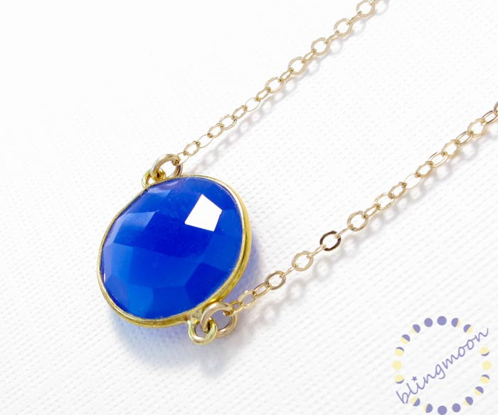 Blue Onyx Necklace: 22k Vermeil Bezel Set Dark Blue Gemstone Pendant