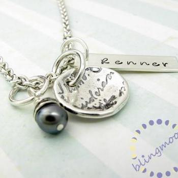 Personalized name necklace - silver link chain with charms - name pendant - black pearl